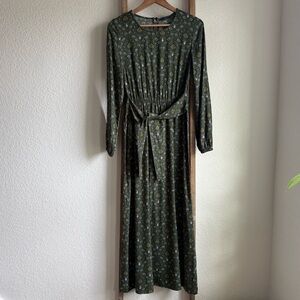 KIABI Green Floral Long Sleeve Tie Waist Midi Dress Sz: Med